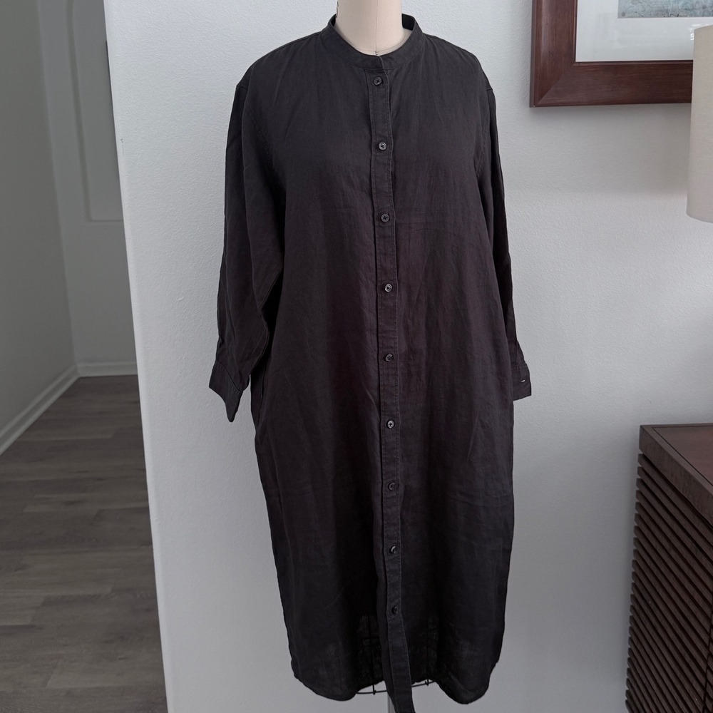 Muji Black Linen Band Collar Button Down Midi Shirt Dress Pockets XS S